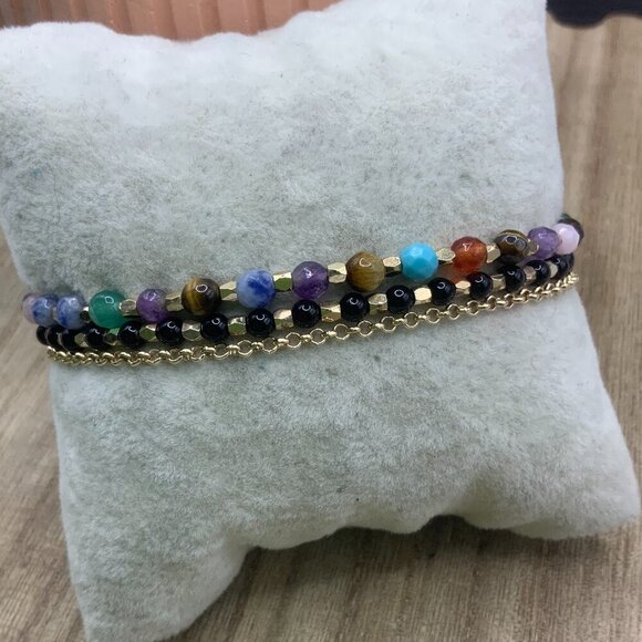 LA CN Mutli Strands Beaded Gold Tone Chain Evil Eye Charm Bracelet - Picture 1 of 5